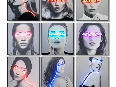 Portrait Art Grid with Vibrant Neon Lights Featuring Multiple Faces and Colorful Glow 3d model