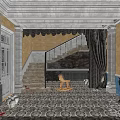 Vintage Hallway Interior With Staircase Wooden Chair Patterned Carpet Red Boots And Decorative Mirror