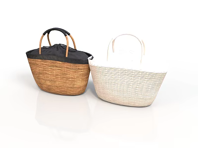 Stylish Handwoven Wicker Baskets With Black And Beige Handles For Daily Use 3d model