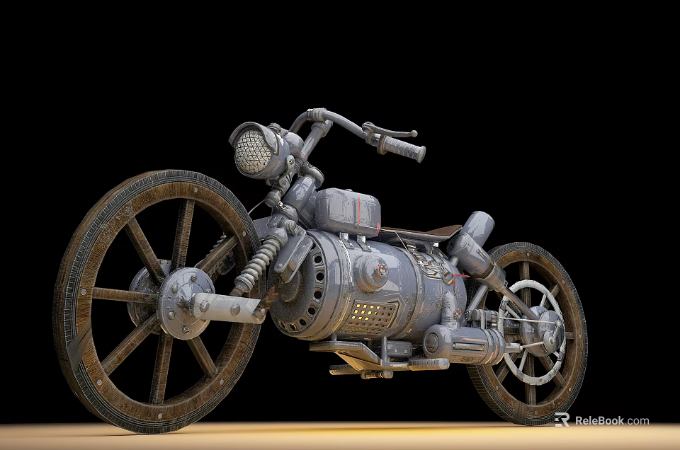 Vintage Mechanical Motorcycle With Large Wheels Metal Body And Old Style Headlight Design 3d model 