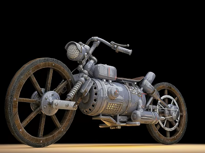 Vintage Mechanical Motorcycle With Large Wheels Metal Body And Old Style Headlight Design 3d model