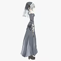 Woman In Gray Long Dress With White Line Decorations And Sword At Waist