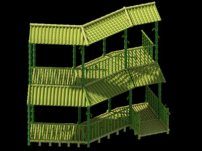 Multi Level Bamboo Tower Structure With Layered Roofs Staircase And Railings 3d model