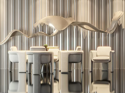 Modern Leisure Chair In Contemporary Interior With Stripe Wall Smooth Floor And Decorative Wave 3d model