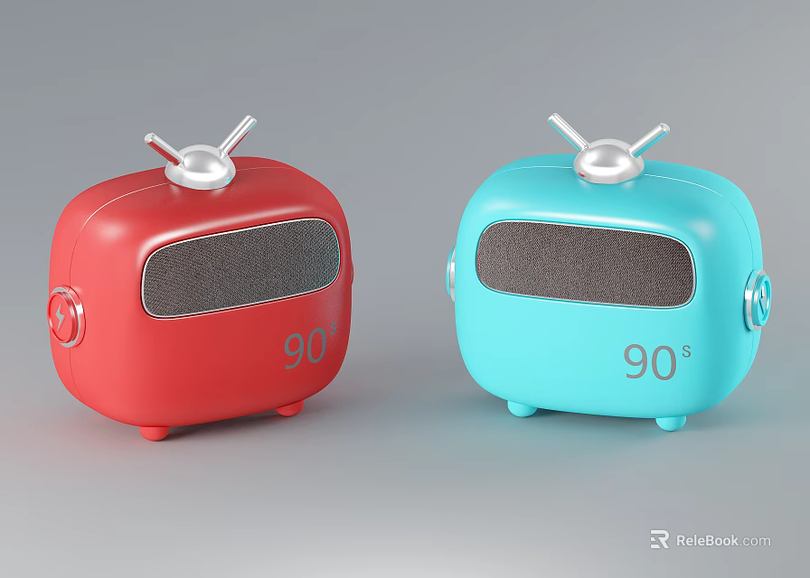 Two Red And Blue Vintage TV Design Bluetooth Speakers With Knob Antenna 90 Degree Logo 3d model 