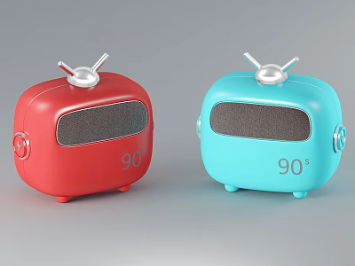 Two Red And Blue Vintage TV Design Bluetooth Speakers With Knob Antenna 90 Degree Logo 3d model