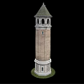 Historic Brick Tower with Pointed Spire Arched Windows and Ornate Base Design 3d model
