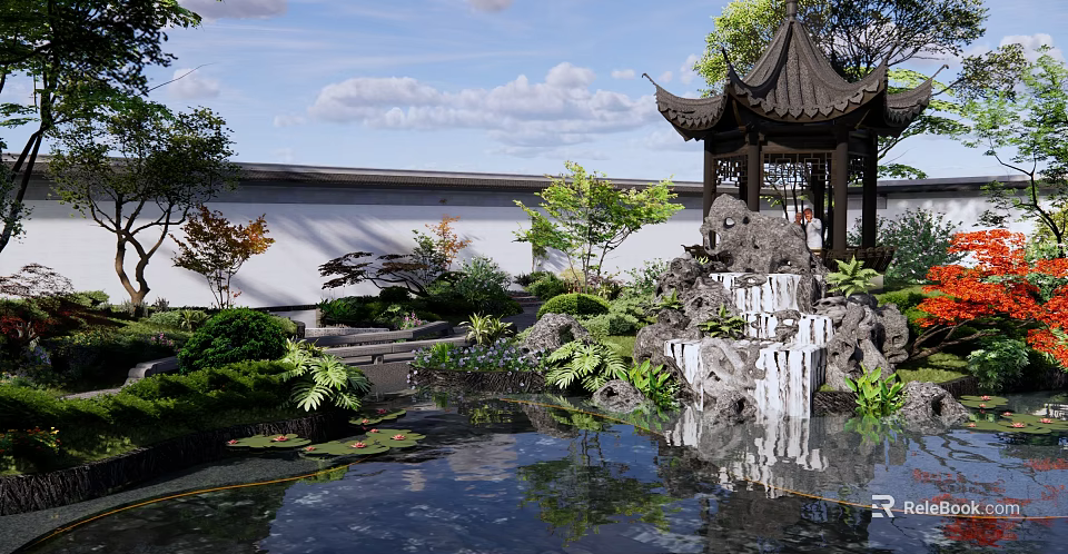 Traditional Chinese Garden Rockery Stones With Pond Waterfall Pavilion And Lush Green Plants 3d model 