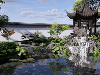 Traditional Chinese Garden Rockery Stones With Pond Waterfall Pavilion And Lush Green Plants 3d model