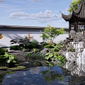 Traditional Chinese Garden Rockery Stones With Pond Waterfall Pavilion And Lush Green Plants