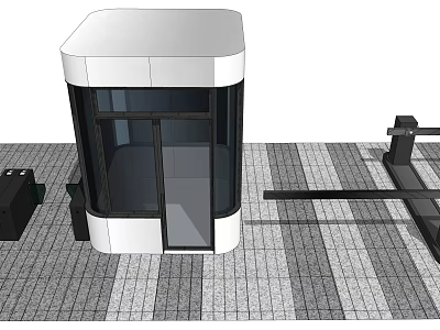 Modern White Booth Structure With Glass Door And Black Equipment On Gray Tiled Floor 3d model