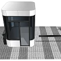 Modern White Booth Structure With Glass Door And Black Equipment On Gray Tiled Floor