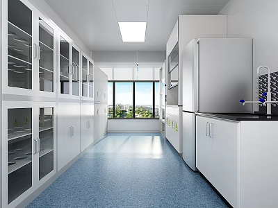 Bright Laboratory Interior With White Cabinets Glass Door Storage And Blue Flooring 3d model