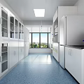 Bright Laboratory Interior With White Cabinets Glass Door Storage And Blue Flooring