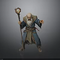 Old Wizard With Glowing Staff And Long Beard In Blue Robe Standing Pose