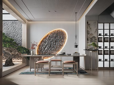 Chinese Style Tea Room Interior With Oval Light Transmitting Screen And Wooden Furniture 3d model
