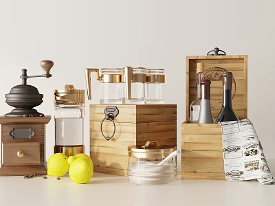 Decorative Ornament Set With Wooden Storage Boxes Glass Jars Coffee Grinder And Lemon Decorations 3d model