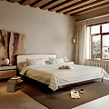 Cozy Bedroom Interior With Wooden Ceiling Beams King Size Bed And Potted Plants