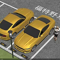 Two Yellow Ford Mustang Cars Parked In Parking Lot With Woman Standing Nearby