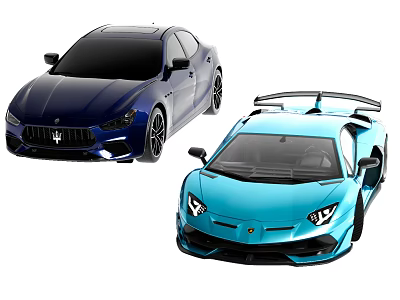 Dark Blue Luxury Sedan And Light Blue Sporty Car With Rear Spoiler Design 3d model
