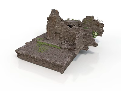 Modern Scene Featuring Ancient Stone Ruins With Broken Walls And Green Plants 3d model