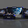 Modern Public Office Space With Large Screens Earth Background Blue Lighting And Yellow Accents