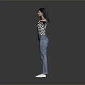 Cute Child Standing With Arms Outstretched In Checkered Top Blue Jeans And White Shoes