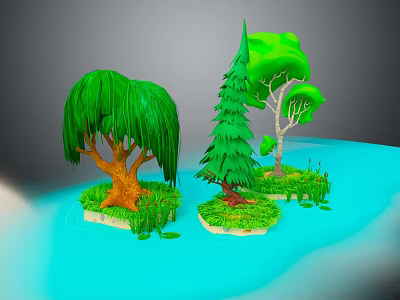 Cartoon Plants Featuring Weeping Willow Pine Tree Small Tree On Green Grass And Blue Water 3d model