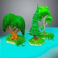 Cartoon Plants Featuring Weeping Willow Pine Tree Small Tree On Green Grass And Blue Water