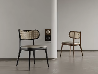 Modern Minimalist Dining Chairs With Woven Backrests Black And Wooden Frames Comfortable Seats 3d model