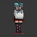 Blue Haired Girl Character With Animal Pattern T Shirt Red Plaid Skirt And White Bag