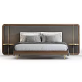 Double Bed With Gray Upholstered Headboard Wooden Frame Plush Pillows Striped Blanket And Gold Nightstands
