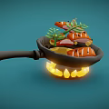 Grilled Sausages In Frying Pan With Herbs Lemon Slices And Flames On Blue Background