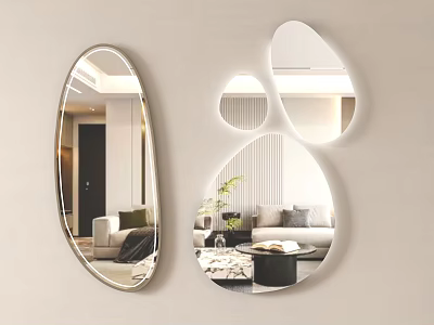 Unique Shaped Mirrors In Modern Living Room Reflecting Sofa Plant And Furniture Decor 3d model