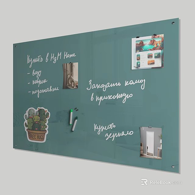 Green Notice Board With Handwritten Notes Plant Thermos Fridge Stickers And Markers 3d model 