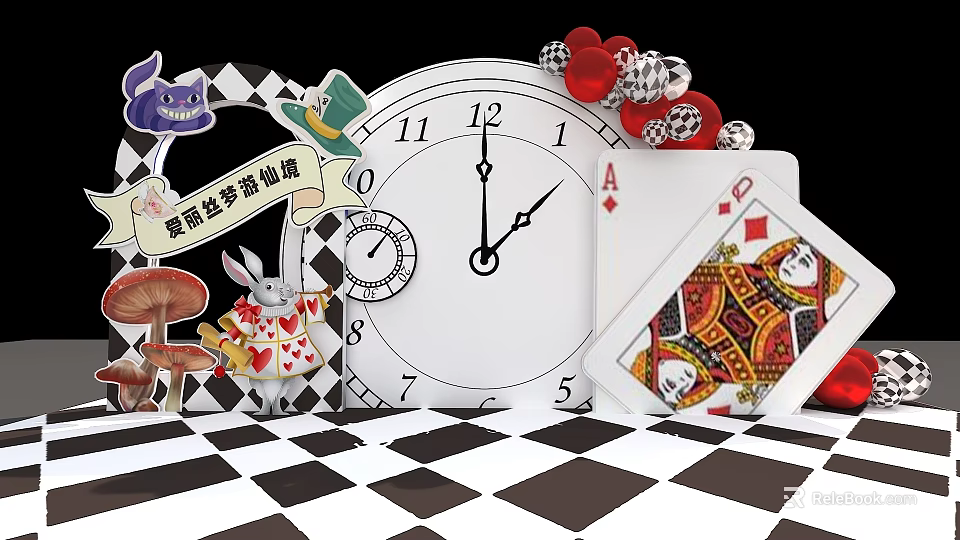 Alice in Wonderland Themed Collection with Playing Cards Clock Cheshire Cat Rabbit Mushrooms Checkered Floor 3d model 