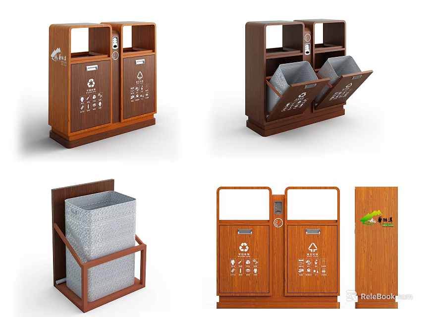 Public Trash Bins With Recycling Compartments And Wooden Design For Waste Separation 3d model 