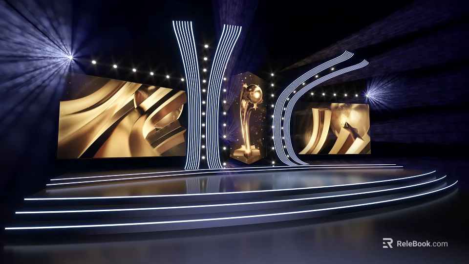 Elegant Modern Awards Stage With Golden Trophy Large Golden Screens And Curved Lights 3d model 