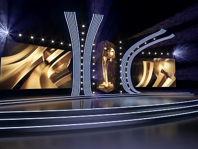 Elegant Modern Awards Stage With Golden Trophy Large Golden Screens And Curved Lights 3d model