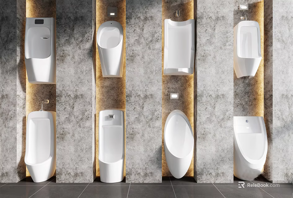 Modern Urinal Design In Bathroom Interior With Wall Mounted Units Concrete Walls And Lighting 3d model 