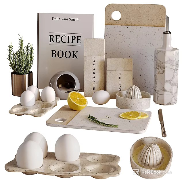 Essential Kitchen Tools Featuring Juicer Cutting Board Knife With Eggs Lemon Rosemary And Recipe Book 3d model 