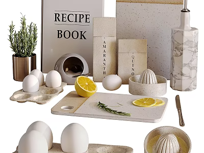 Essential Kitchen Tools Featuring Juicer Cutting Board Knife With Eggs Lemon Rosemary And Recipe Book 3d model
