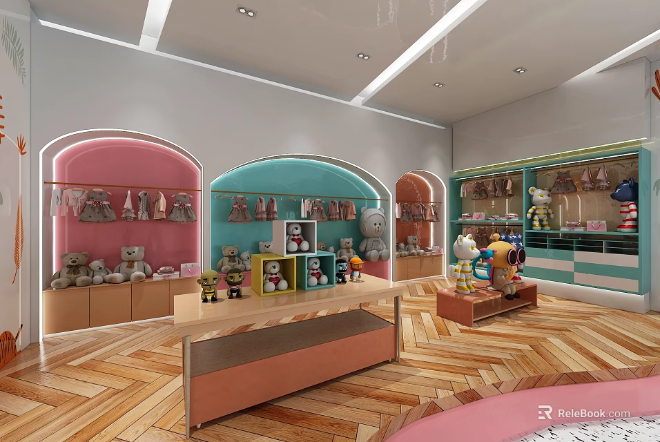 Kids' Specialty Store With Pink Blue Arch Shelves Stuffed Toys And Display Tables 3d model 