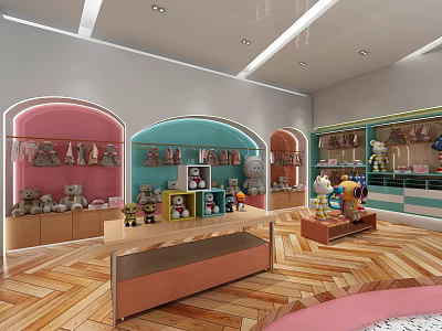 Kids' Specialty Store With Pink Blue Arch Shelves Stuffed Toys And Display Tables 3d model
