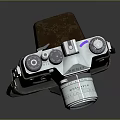 Vintage Silver And Brown Camera With Purple Lens And Leather Bag