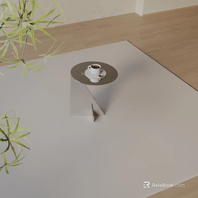 Round Top Side Table with Coffee Cup Saucer on Wooden Floor and Green Plant Leaves 3d model 