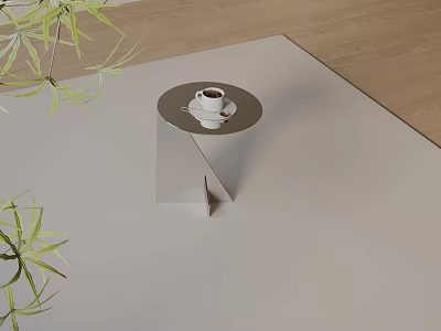 Round Top Side Table with Coffee Cup Saucer on Wooden Floor and Green Plant Leaves 3d model