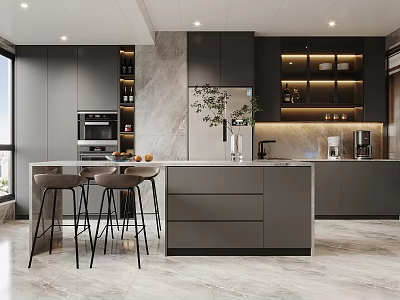 Modern Gray Kitchen Interior With Island Counter Bar Stools Marble Wall And Cabinets 3d model