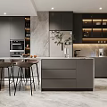 Modern Gray Kitchen Interior With Island Counter Bar Stools Marble Wall And Cabinets