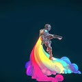 Sci Fi Game Character In Mech Suit Holding Gun With Rainbow Light Below Dark Background